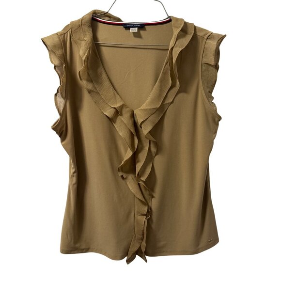 Tommy Hilfiger Tan Ruffle Sleeveless Blouse Sz XL Soft Elegant Chic Casual Top - Picture 7 of 12